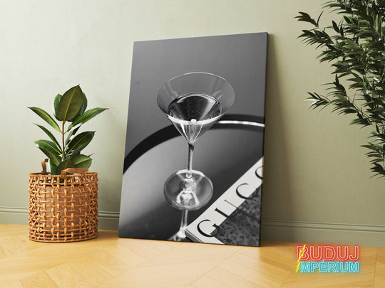 Luxury canvas wall art with a black and white cocktail and green plant, modern wall art for a living room.