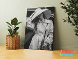 Luxury canvas print with a black and white portrait of a woman in an elegant hat with a luxury handbag