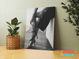 Luxury canvas print with a black and white shot of women’s legs in heels and perfume, fashion lifestyle