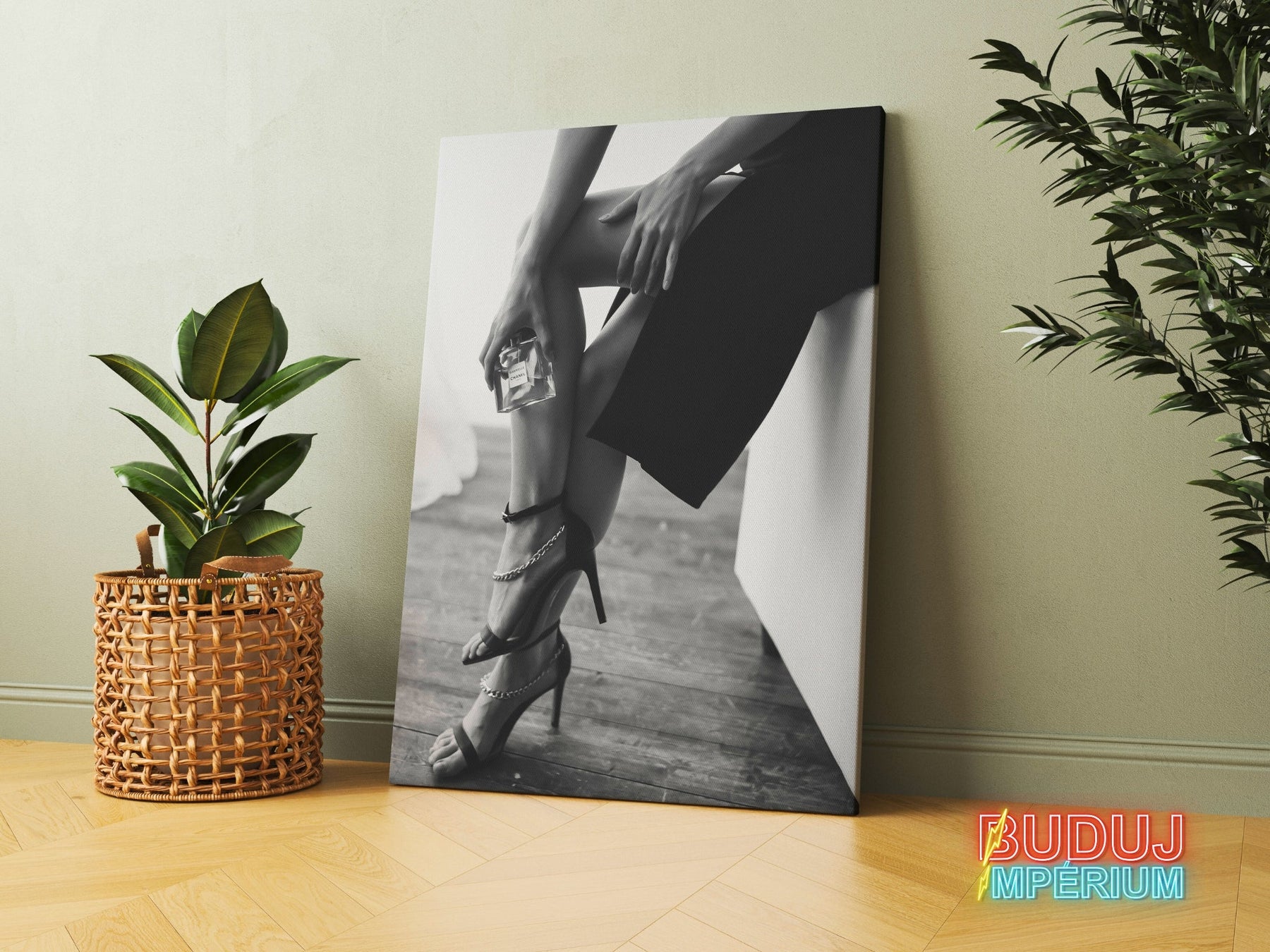 Luxury canvas print with a black and white shot of women’s legs in heels and perfume, fashion lifestyle