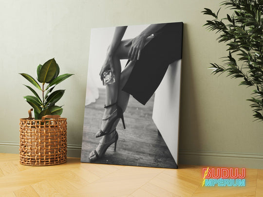 Luxury canvas print with a black and white shot of women’s legs in heels and perfume, fashion lifestyle