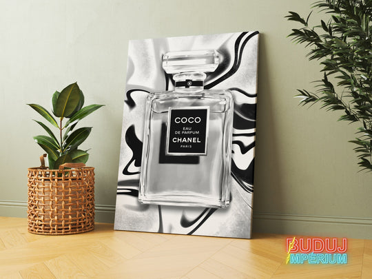 Luxury wall art with a black and white perfume bottle and abstract marble motif as lifestyle motivation.