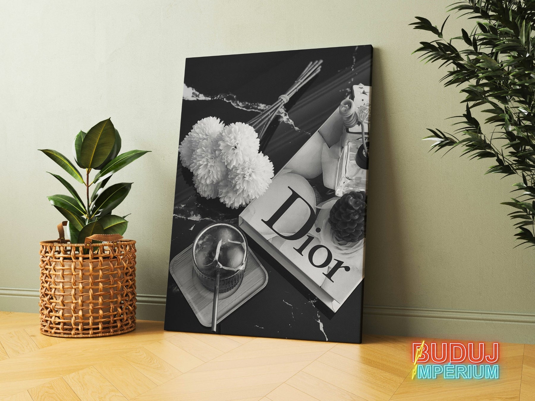 Luxury Dior canvas wall art in a black and white composition with flowers, perfume and a candle in a modern interior.