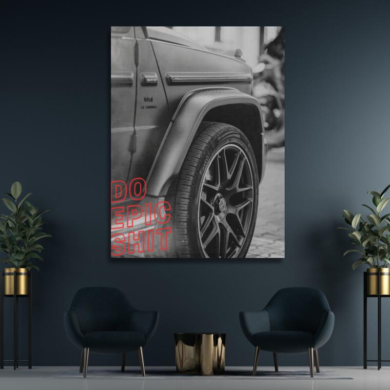 Motivational canvas wall art for a home office with a luxury SUV wheel detail and red DO EPIC SHIT text.