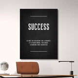 SUCCESS motivational wall art with white typography on a black background in a modern office with a lamp and globe.