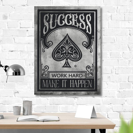 Industrial-style office motivational wall art with a spade symbol and “SUCCESS, Work Hard, Make It Happen” text.