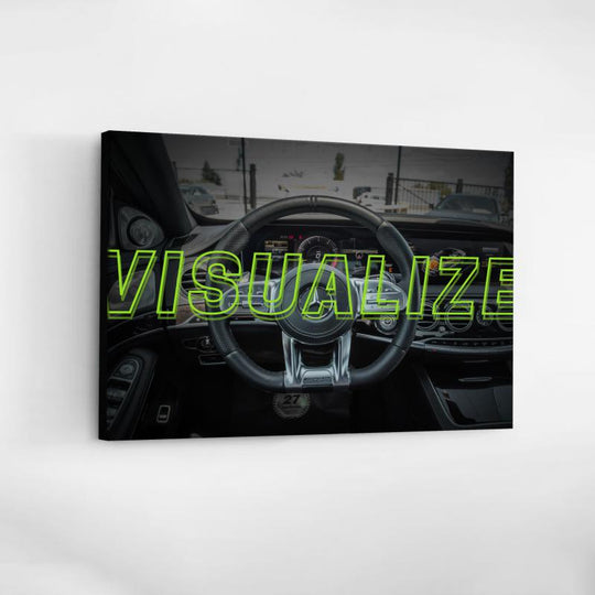 Motivational wall art with a luxury car interior and green "VISUALIZE" text