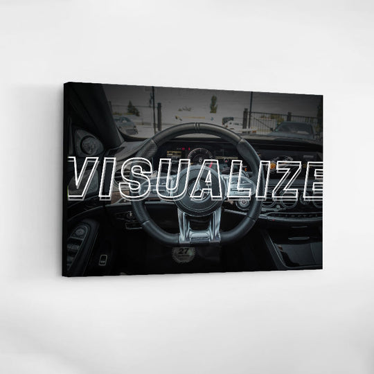 Motivational canvas wall art with a front view of a luxury car interior and “Visualize” text.
