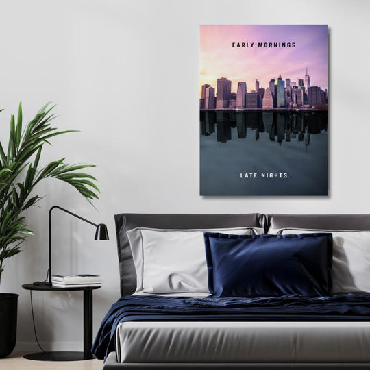 Bedroom motivational wall art with a modern city skyline and skyscraper reflections at sunrise.