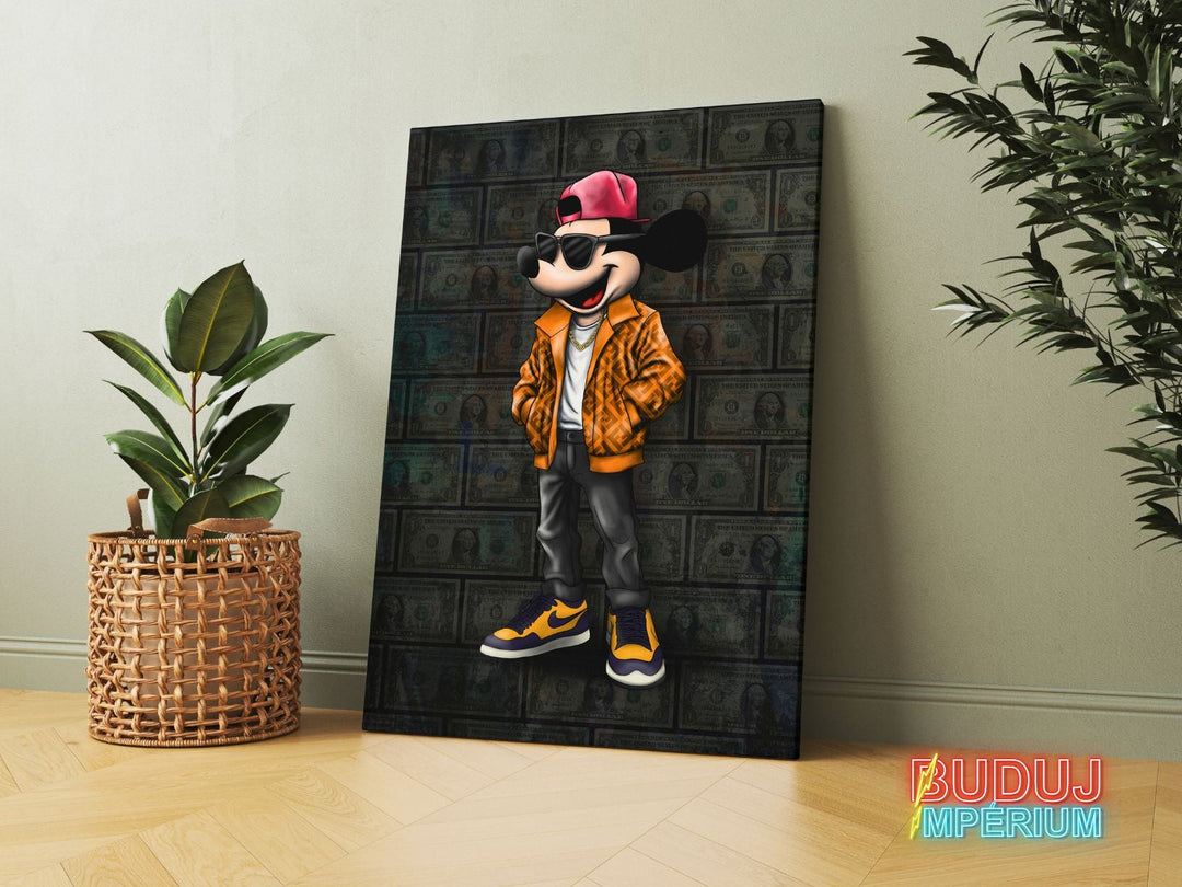Pop art canvas wall art with Mickey Mouse in urban street art style, Nike sneakers and a money motif.
