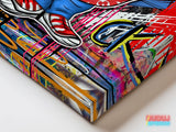 Corner detail of pop art canvas wall art with a red sneaker and bold colorful texture.