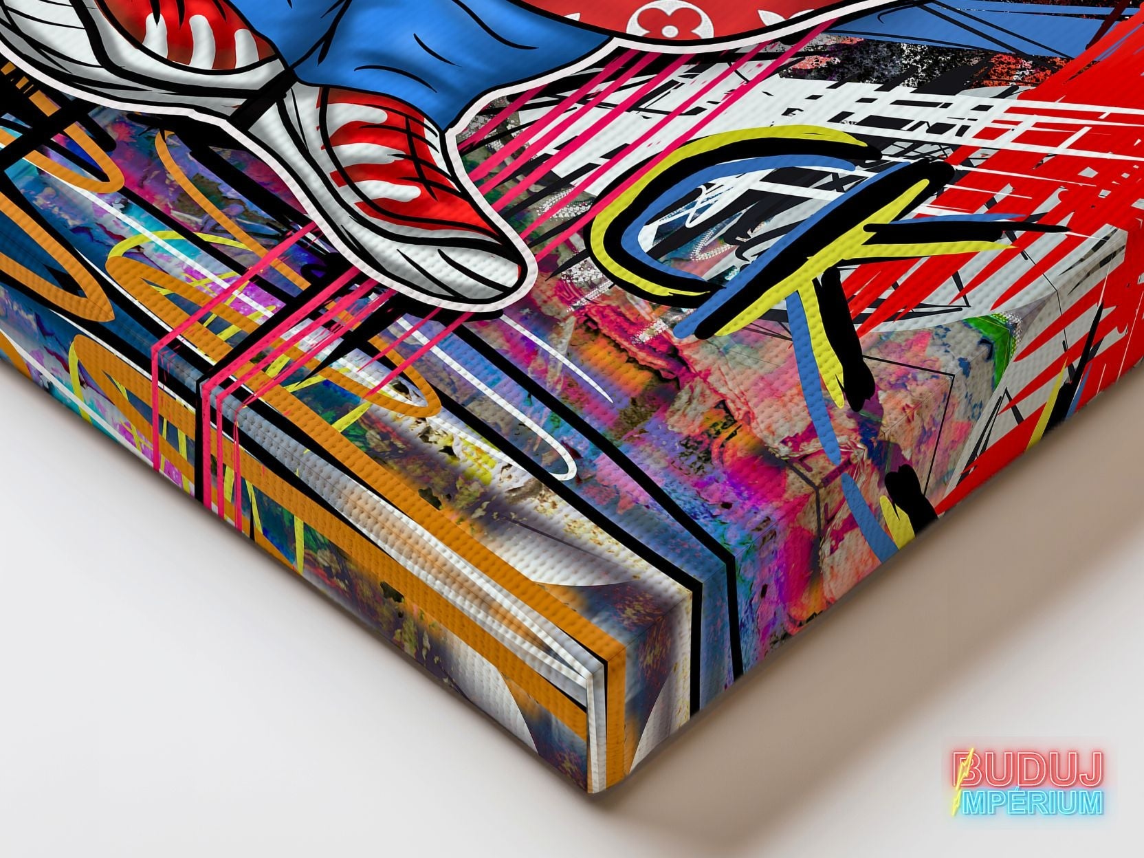 Corner detail of pop art canvas wall art with a red sneaker and bold colorful texture.