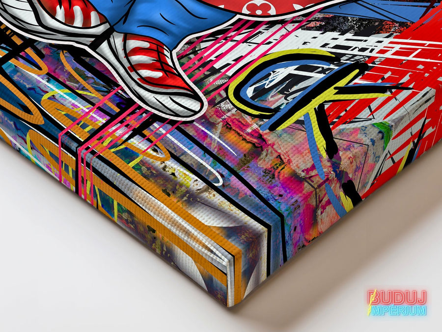 Corner detail of pop art canvas wall art with a red sneaker and bold colorful texture.