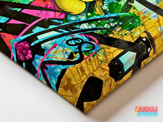 Corner detail of motivational canvas wall art with graffiti texture and colorful spray paint splashes.