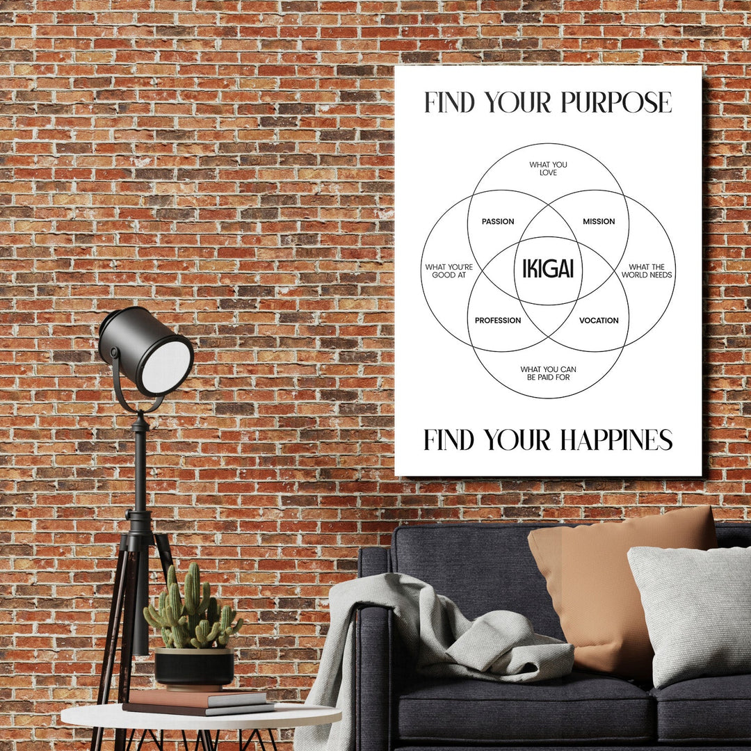 Ikigai motivational wall art with a minimalist Venn diagram on a brick wall above a sofa