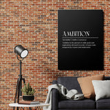 Motivational canvas print with an “AMBITION” inscription and Latin quote hanging on a brick wall in a living room