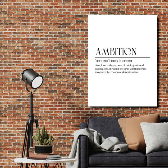 Motivational canvas print with a Seneca quote in an industrial living room on a brick wall near a floor lamp and cactus