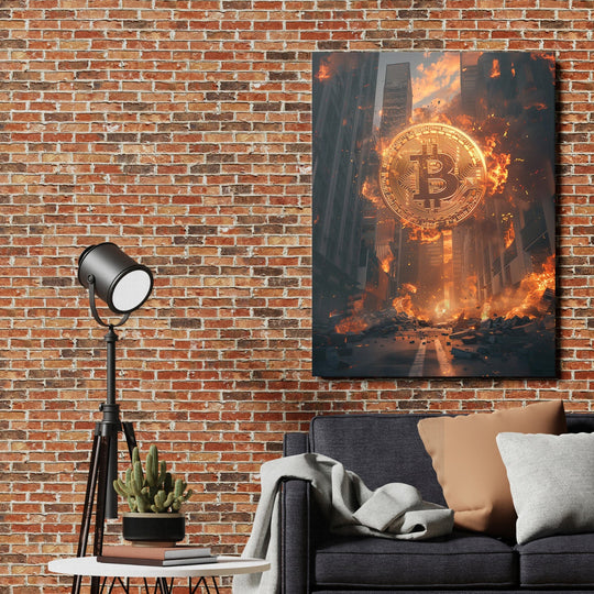 Motivational wall art with burning Bitcoin in a city alley, modern crypto art in an interior
