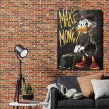 Motivational wall art with MAKE MONEY graffiti and a cartoon duck beside a luxury branded bag