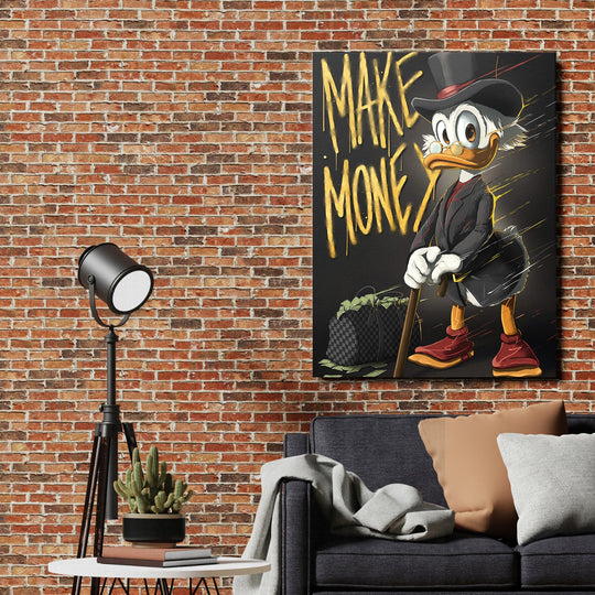 Motivational wall art with MAKE MONEY graffiti and a cartoon duck beside a luxury branded bag