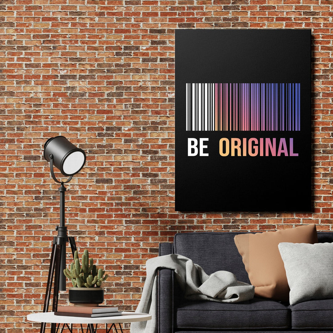 BE ORIGINAL motivational canvas wall art with a colorful barcode on a brick wall, modern pop art style