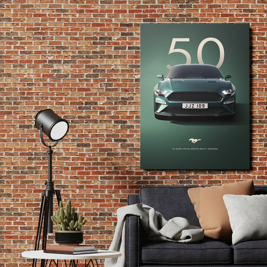 Motivational wall art with a green Mustang in an industrial living room, automotive lifestyle theme