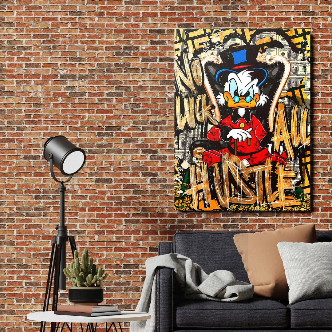 Motivational pop art wall art with Scrooge McDuck surrounded by dollars and graffiti in a living room
