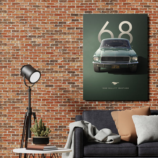 Motivational wall art with a retro 1968 Ford Mustang in an industrial living room, vintage car decor