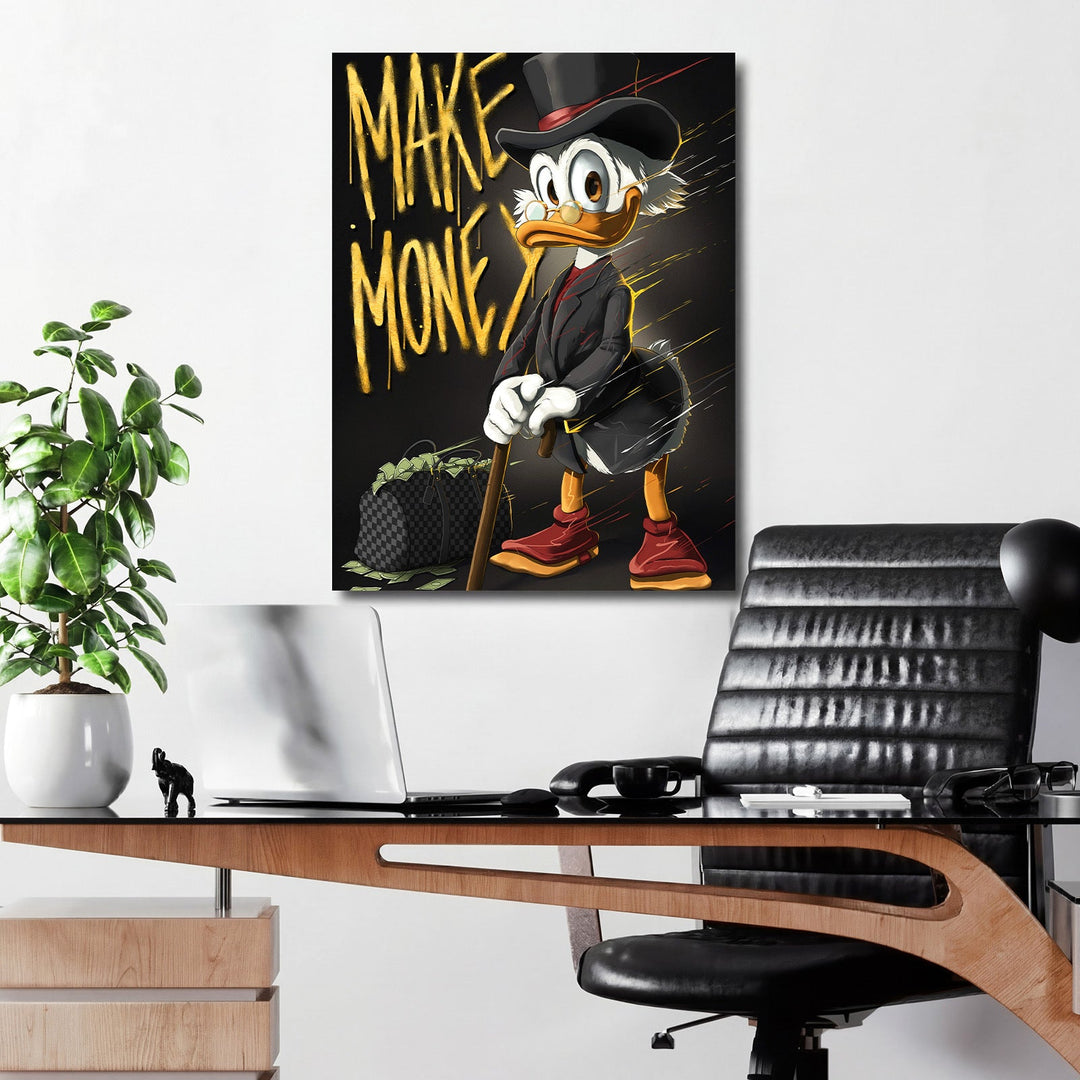 Motivational pop art wall art with Scrooge McDuck, MAKE MONEY graffiti and money motif