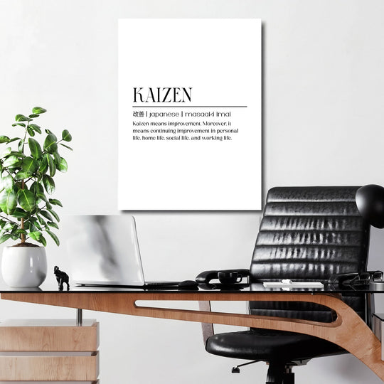 Kaizen motivational wall art with a minimalist quote above a desk in a modern office