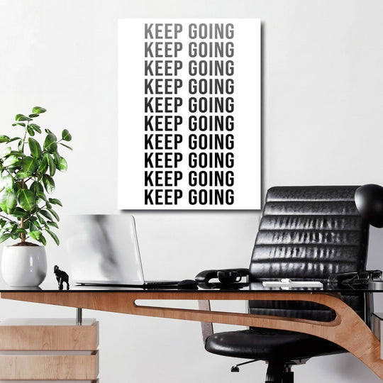 KEEP GOING motivational office wall art, a minimalist black and white poster with repeated typography