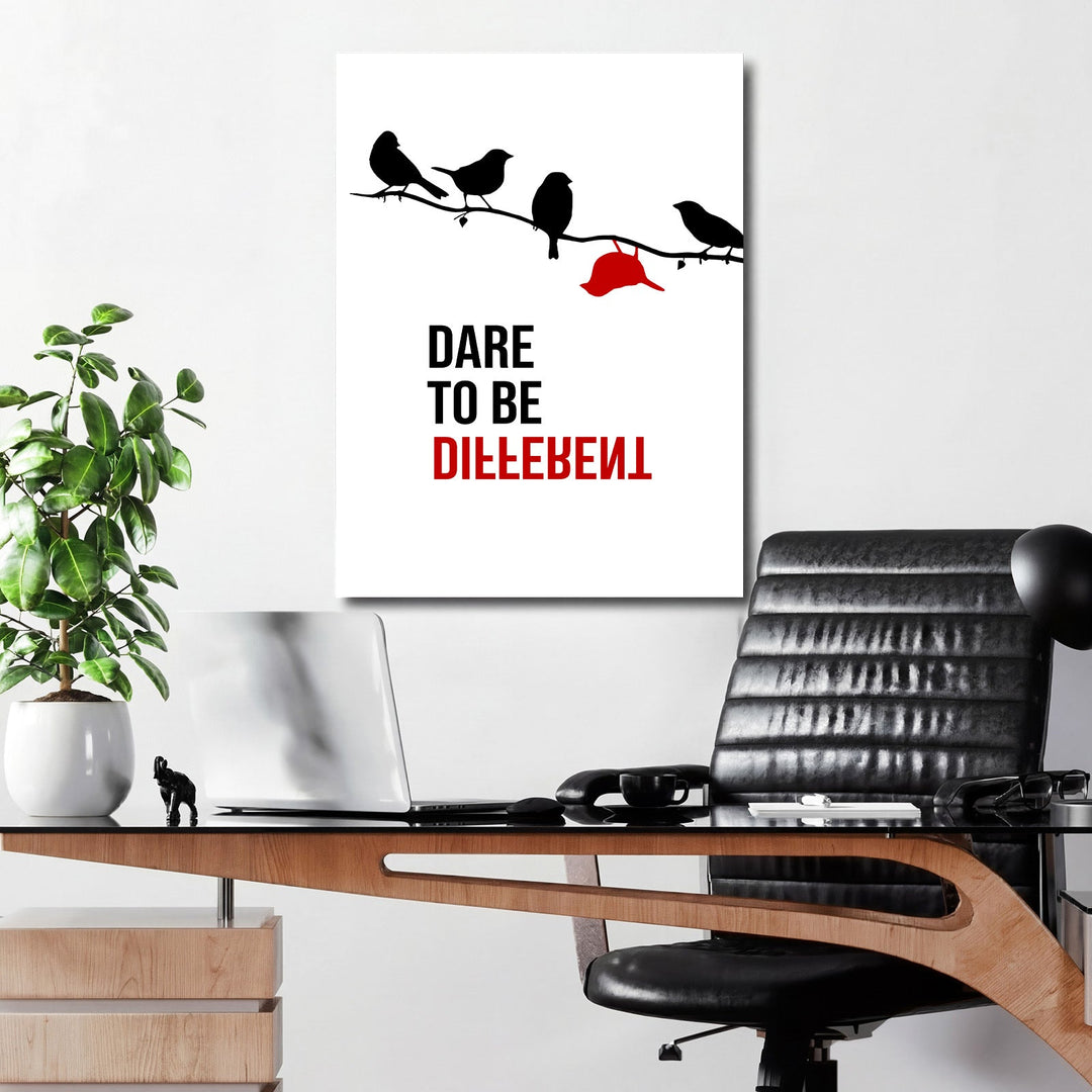Office motivational canvas print with black bird silhouettes on a branch and a bold red cap