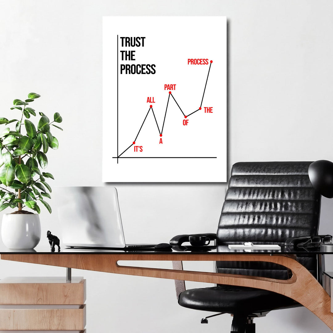 Motivational canvas print with a growth chart and the quote “Trust the process” hanging above a desk in a modern office