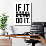Front view of black and white minimalist motivational wall art with a quote in a modern office