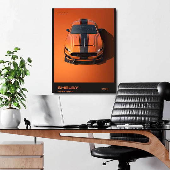 Motivational canvas wall art for an office with an orange 2020 Shelby Super Snake and performance details