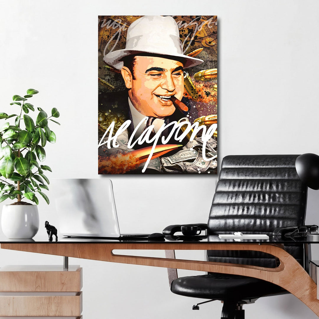 Motivational pop art canvas print with a gangster, money and bullets above a modern office desk