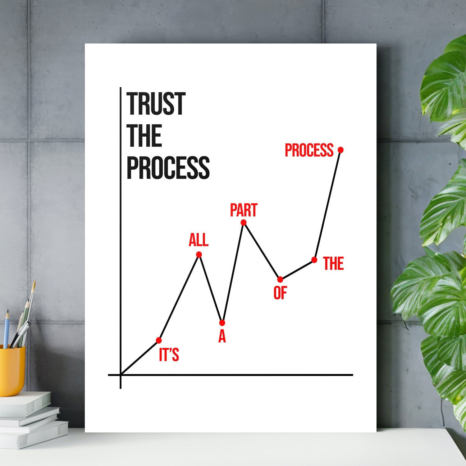 Motivational wall art for a study with a minimalist chart, red dots and the quote “Trust the process”