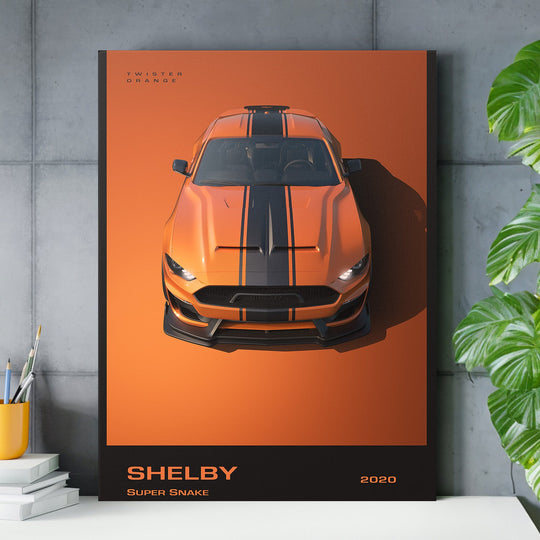 Motivational canvas wall art with a 2020 Shelby Super Snake in an office, luxury orange sports car lifestyle scene