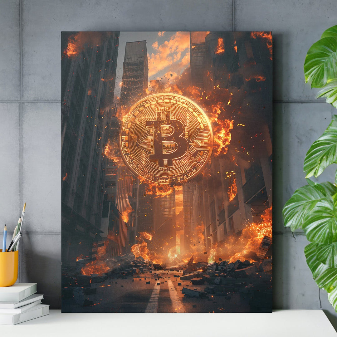 Motivational canvas print with burning Bitcoin above city ruins in an industrial office