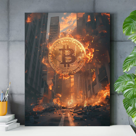 Motivational canvas print with burning Bitcoin above city ruins in an industrial office