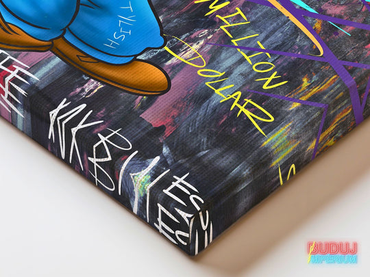 Corner detail of canvas wall art with a blue sneaker and graffiti lettering in street art and pop art style.