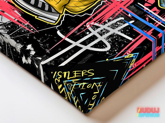 Corner detail of motivational canvas wall art with the graffiti text Hustlers Ambition in neon colors.