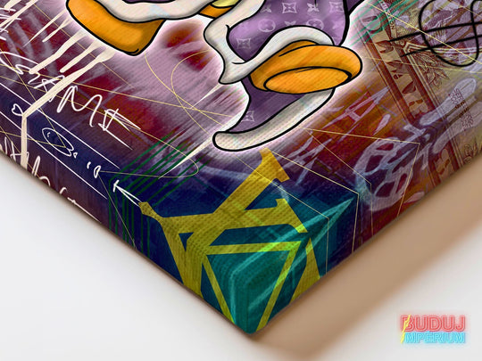 Corner detail of pop art canvas wall art with graffiti lines, dollar bills and a duck foot.