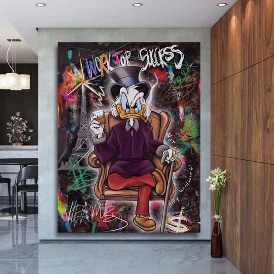 Luxury pop art canvas wall art with a duck in a suit holding a glass and graffiti details in a modern interior.