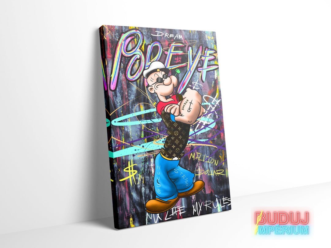 Pop art canvas wall art with Popeye in a street art style and dollar graffiti motif, front view.