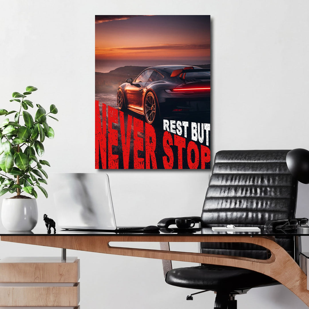 Motivational canvas print with a luxury sports car at sunset and a bold performance quote for an office
