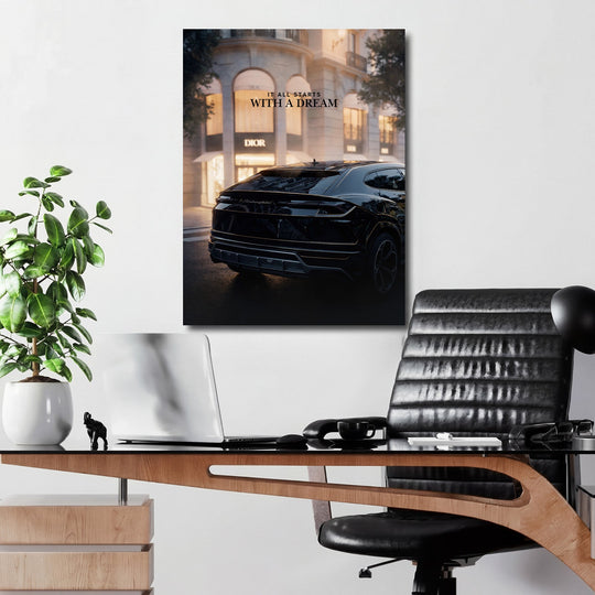 Luxury canvas print with a black Lamborghini in front of a Dior boutique and a motivational quote in a minimalist office