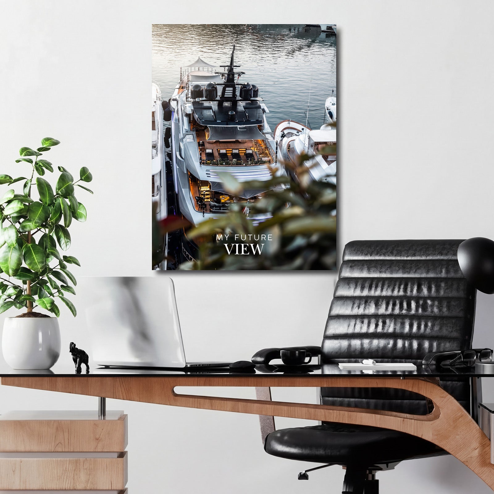 Motivational wall art with a luxury yacht at sunset and the text “My Future View”