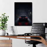 Motivational canvas print with a luxury Lamborghini on a night road and the quote “Feel the Calm”