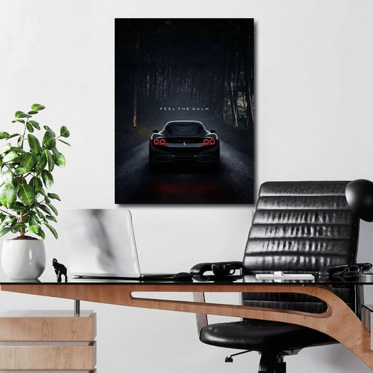 Motivational wall art with luxury sports car on forest road and text Feel the calm for a home office